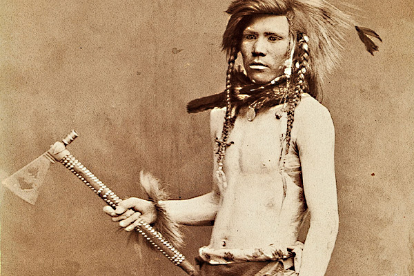 Shoshone-warrior-Leaping-Panther,tack-decorated-pipe-tomahawk