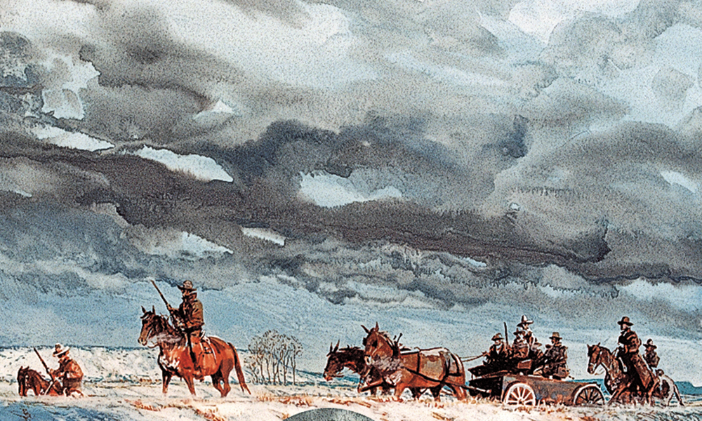riding through snowstorm old west painting by bob boze bell