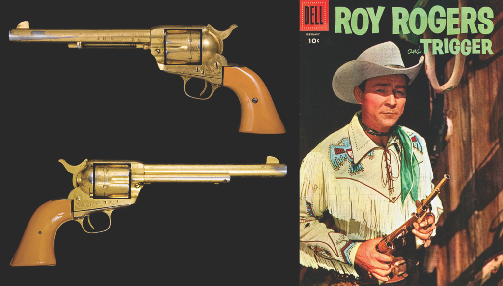 Roy Rogers’ pair of gold-plated Colt revolvers were originally ordered by the 101 Ranch Real Wild West and later given to Roy. That additional Wild West show provenance probably helped drive the sale price of the revolvers to $24,200. He wore the guns in movies, on television and even on comic book covers.