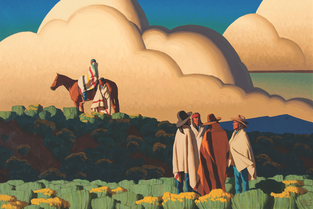 In contrast to the angular depictions by Ed Mell, rounded clouds carefully framing 
the human figures in Logan Maxwell Hagege’s It’s a New Life suggest a softer and more forgiving landscape. Hagege’s kinder and gentler desert image sold for $93,600.